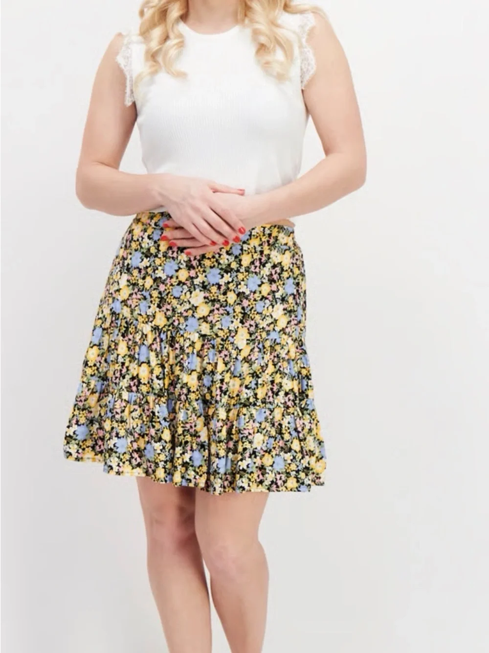 Miss Selfridge Floral Tiered Mini Skirt Black Yellow Blue Pink US 4
